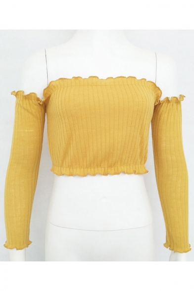 Fashionable Ruffle Hem Long Sleeve Plain Off the Shoulder Cropped Sweater
