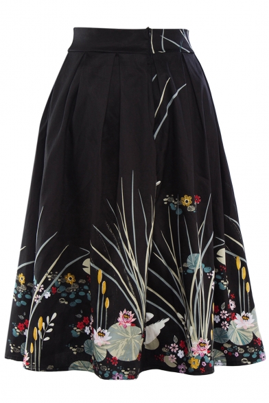 New Arrival Classic Floral Printed Slim A-Line Midi Skirt 
