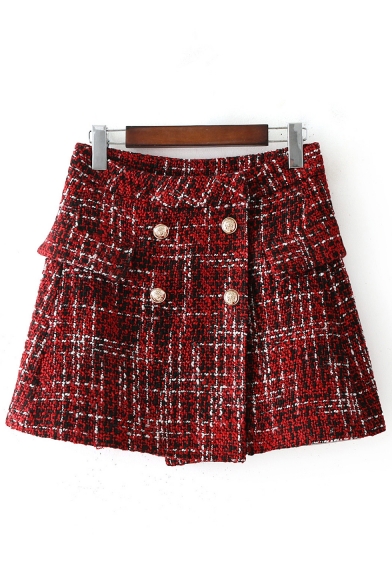 New Stylish Check Pattern Double Breasted A-Line Mini Skirt