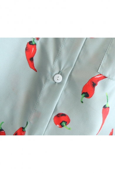 Unique Chilli Hot Pepper Allover Pattern Lapel Chest Pockets Button Front Shirt