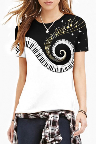 Vintage Style Piano Music Notes Print Round Neck Short Sleeves Unisex Tee
