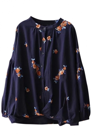 Chic Floral Pattern Round Neck Button Front Loose Casual Shirt