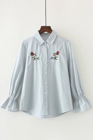 Fancy Floral Embroidered Bell Sleeves Point Collar Button Down Shirt
