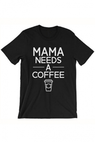 Fashionable Letter Coffee Print Round Neck Short Sleeves Casual Tee