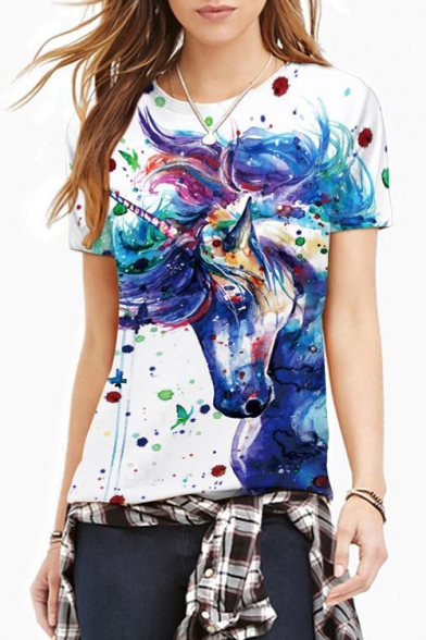Fashionable Unicorn Painting Print Round Neck Short Sleeves Casual Tee
