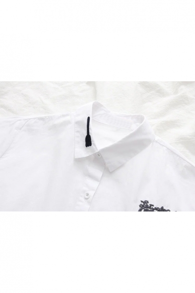 Stylish Teapot Letter Fork Embroidered Point Collar Long Sleeves Button Front Shirt