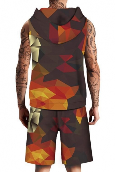 Trendy Geometric Color Block Sleeveless Hoodie with Sports Shorts