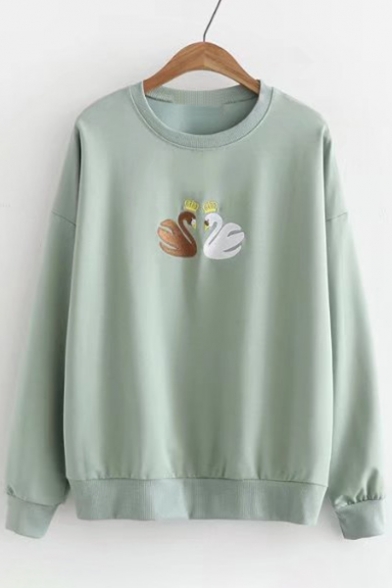 Trendy Swan Embroidered Round Neck Long Sleeves Pullover Sweatshirt