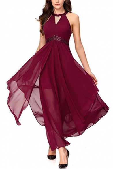 Sequined Round Neck Halter Sleeveless Hollow Out Front Maxi Asymmetric Hem Party Dress