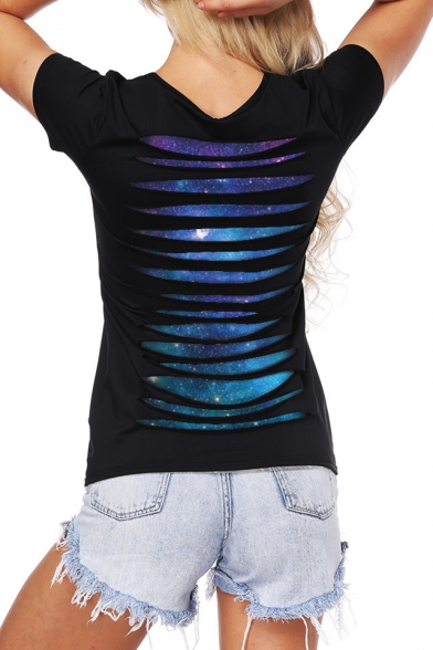 Trendy Cutout Hollow Back Galaxy Pattern Scoop Neck Layered Tee