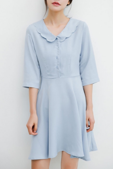 Ladylike Plain Scallop Collar Button Front A-line Mini Dress