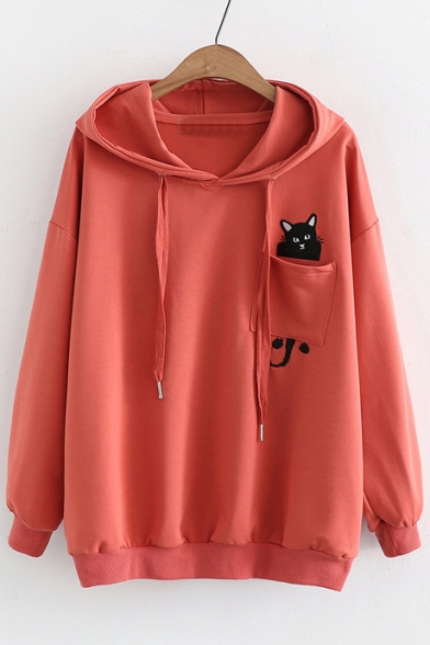 Simple Cat Embroidered Long Sleeves Pullover Loose Casual Hoodie