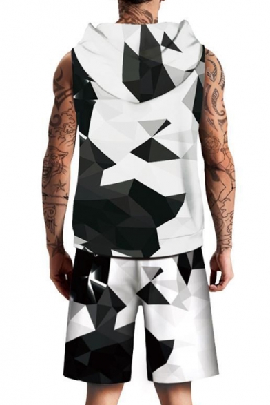 Spring Fashion Geometric Print Color Block Sleeveless Hoodie with Sports Shorts