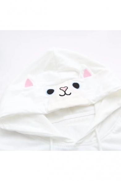 Girlish Cartoon Cat Pattern Paw Drawstring Ear Detail Hooded Tee with Pocket