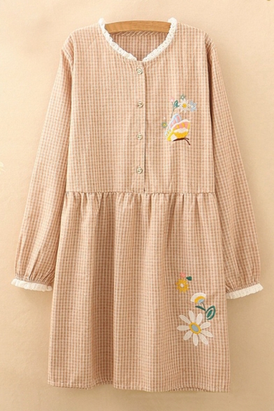 Girlish Floral Butterfly Embroidered Gingham Plaids Button Detail Smock Mini Dress