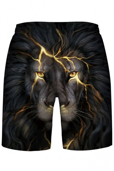 Hot Fashion Lion Lightning Print Drawstring Waist Sports Shorts