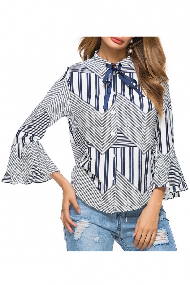 Hot Fashion Striped Pattern Stand-up Collar Bow Tie Neck Bell Sleeve Button Front Shirt