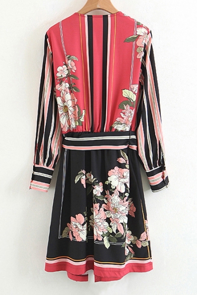 Popular Color Block Floral Print Bow Belted Mini Wrap Dress