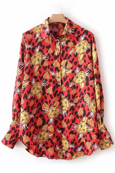 Chic Cartoon Cat Leopard Print Long Sleeve Lapel Button Down Shirt