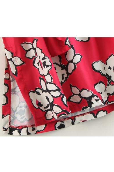 Spring Fashion Floral Print Split Side Bow Belted High Neck A-line Mini Dress