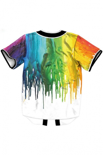Trendy Colorful Color Block Paint Print Button Front Short Sleeve Baseball Tee