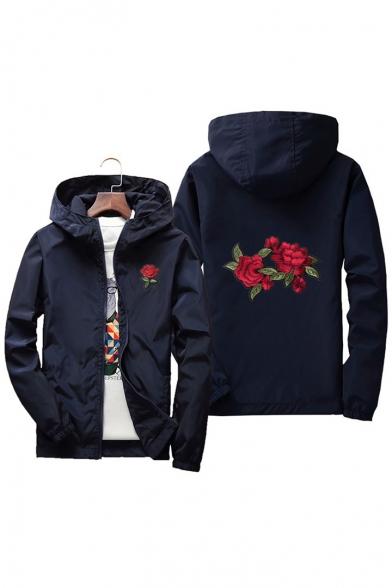 Chic Floral Embroidery Zip Up Hooded Spring Unisex Jacket