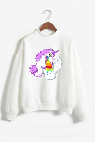 Cute Unicorn Printed Long Sleeve Mock Neck Pullover Sweatshirt
