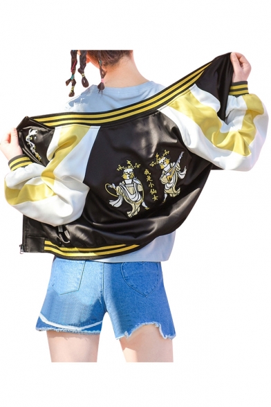 Sportive Color Block Cartoon Chinese Guitar Embroidered Zip Up Baseball Jacket