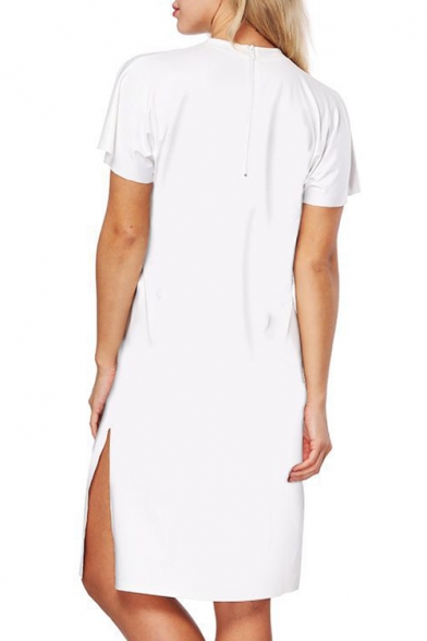 Simple Bear Forest Print Crew Neck Short Sleeve Split Side Midi T-shirt Dress