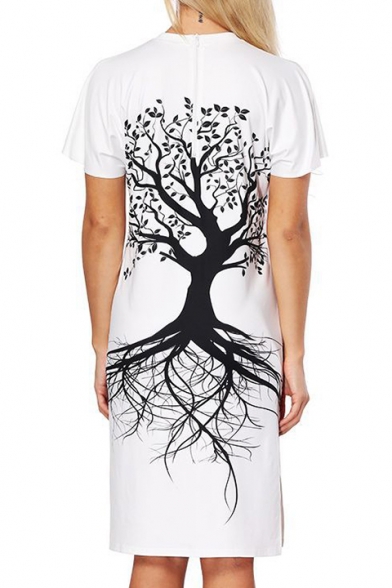 Simple Tree Print Crew Neck Short Sleeve Split Side Midi T-shirt Dress