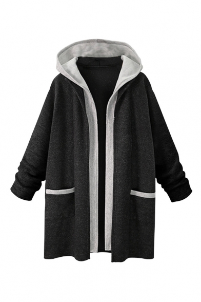 Color Block Fake Two-Piece Long Sleeve Loose Tunic Hooded Coat