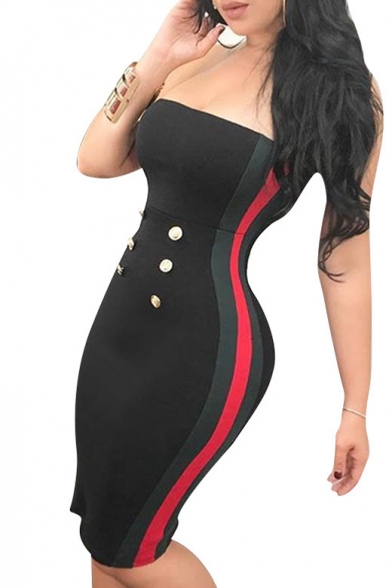 Contrast Striped Side Sleeveless Buttons Embellished Bandeau Mini Bodycon Dress