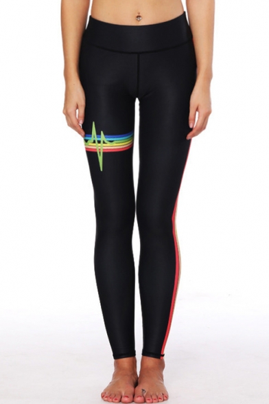 Fine Design Rainbow Striped Pattern Elastic Waist Slim-Fit Workout Leggings