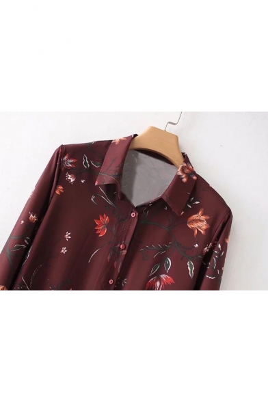Floral Printed Lapel Collar Long Sleeve Buttons Down Mini Shirt Dress
