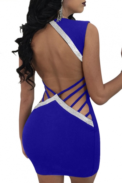Sexy Sequined V Neck Sleeveless Hollow Out Back Mini Bodycon Dress