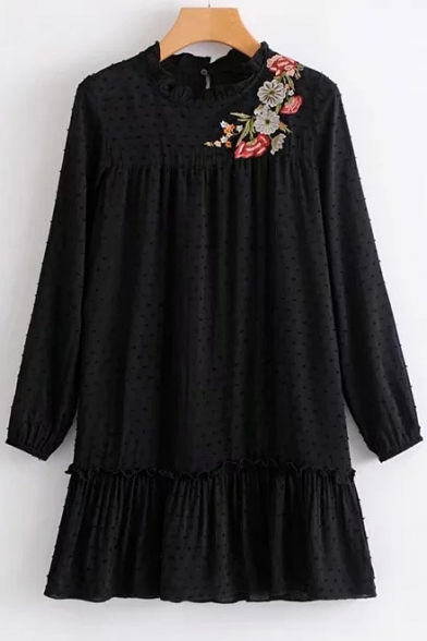 Chic Floral Embroidered Ruffle Round Neck Loose Long Sleeves Swing Mini Dress