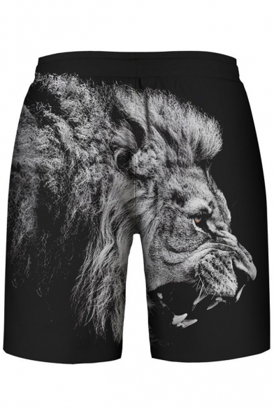 Cool Monochrome Lion Print Drawstring Waist Sports Shorts
