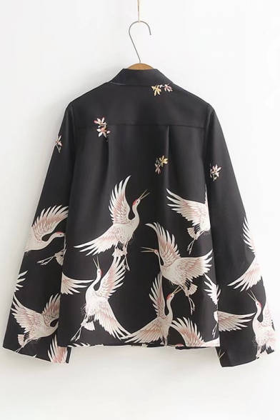 Fancy Crane Bird Floral Pattern Wide Sleeves Point Collar Button Down Shirt