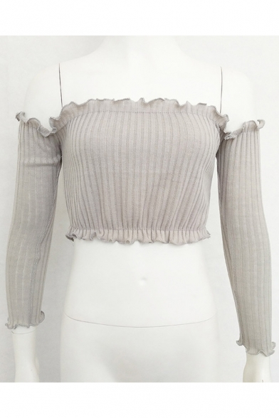 Fashionable Ruffle Hem Long Sleeve Plain Off the Shoulder Cropped Sweater
