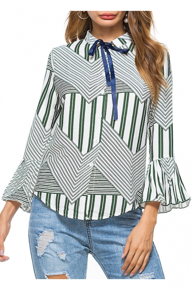 Hot Fashion Striped Pattern Stand-up Collar Bow Tie Neck Bell Sleeve Button Front Shirt