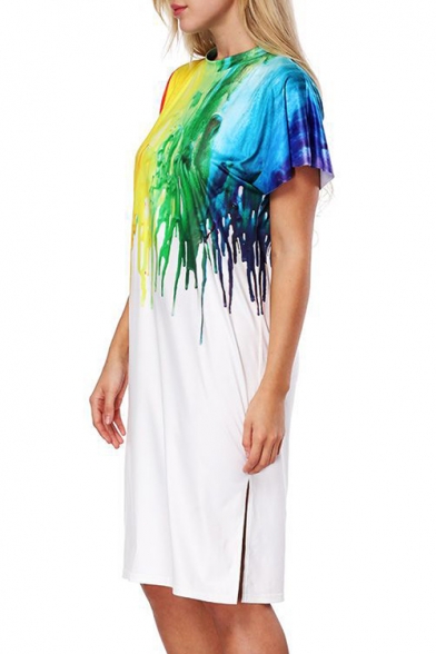 Popular Colorful Paint Color Block Crew Neck Short Sleeve Split Side Midi T-shirt Dress