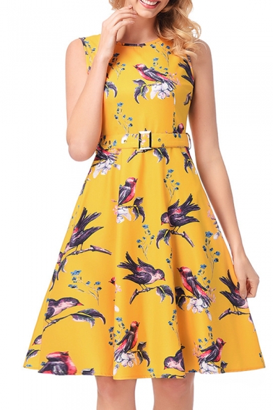 Retro Bird Floral Printed Round Neck Sleeveless A-Line Midi Dress with Belt