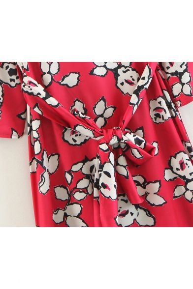 Spring Fashion Floral Print Split Side Bow Belted High Neck A-line Mini Dress