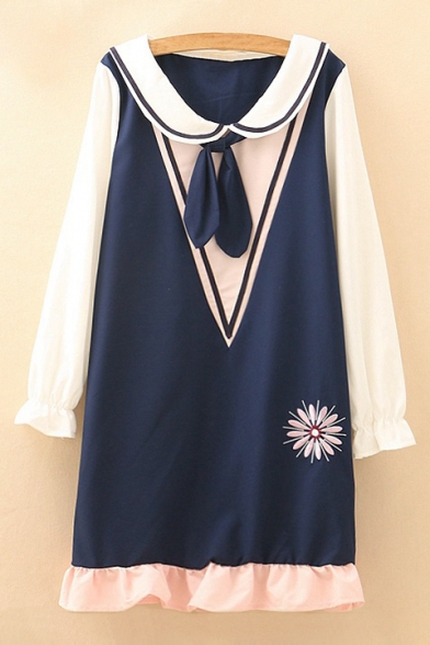 Childish Navy Collar Color Block Floral Embroidered Ruffle Hem Shift Mini Dress