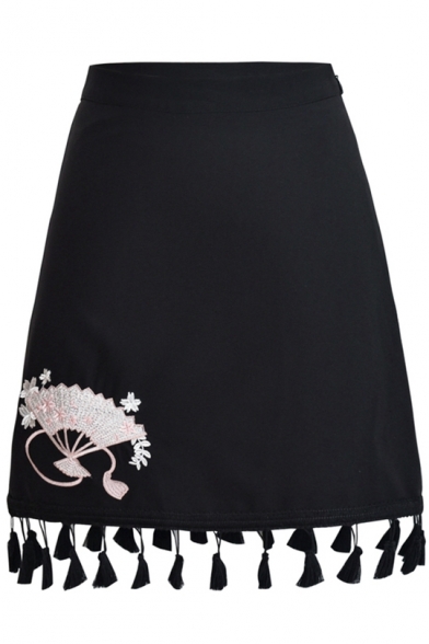 Girlish Tassel Hem Fan Embroidered Zip-Side A-line Mini Skirt