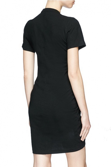 Simple Plain Chic Round Neck Short Sleeve Drawstring Front Mini T-shirt Dress