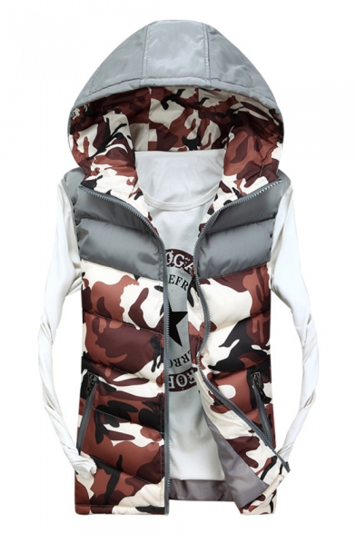 Trendy Color Block Camouflaged Hooded Zip Up Quilted Winter Vest