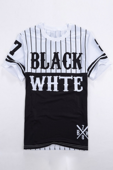 Trendy Monochrome Letter Color Block Print Round Neck Short Sleeves Casual Tee