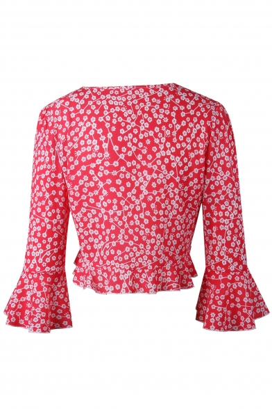 Chic Sexy V Neck Floral Printed Half Sleeve Tied Front Cropped Blouse