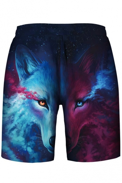 Fashionable Contrast Wolf Print Drawstring Waist Sports Shorts